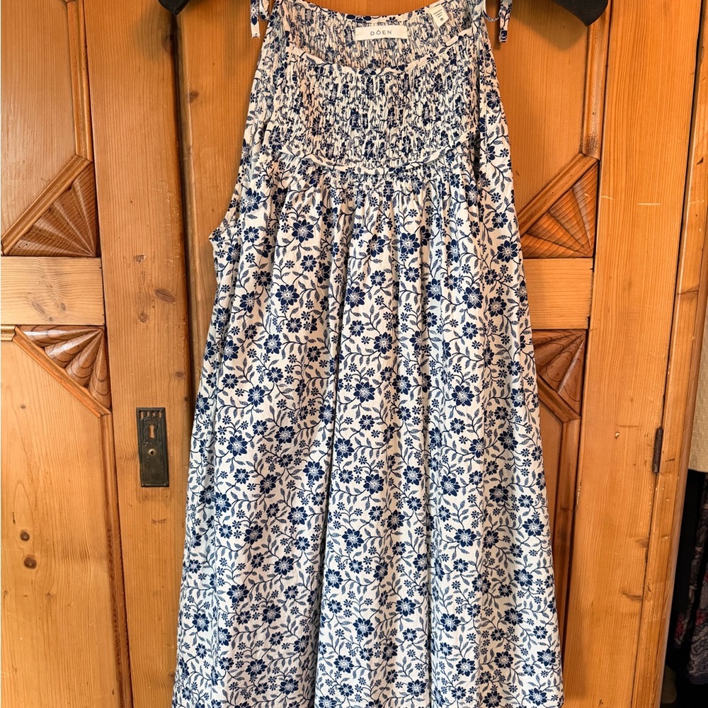 Doen Cream and Blue Floral Smocked Sundress